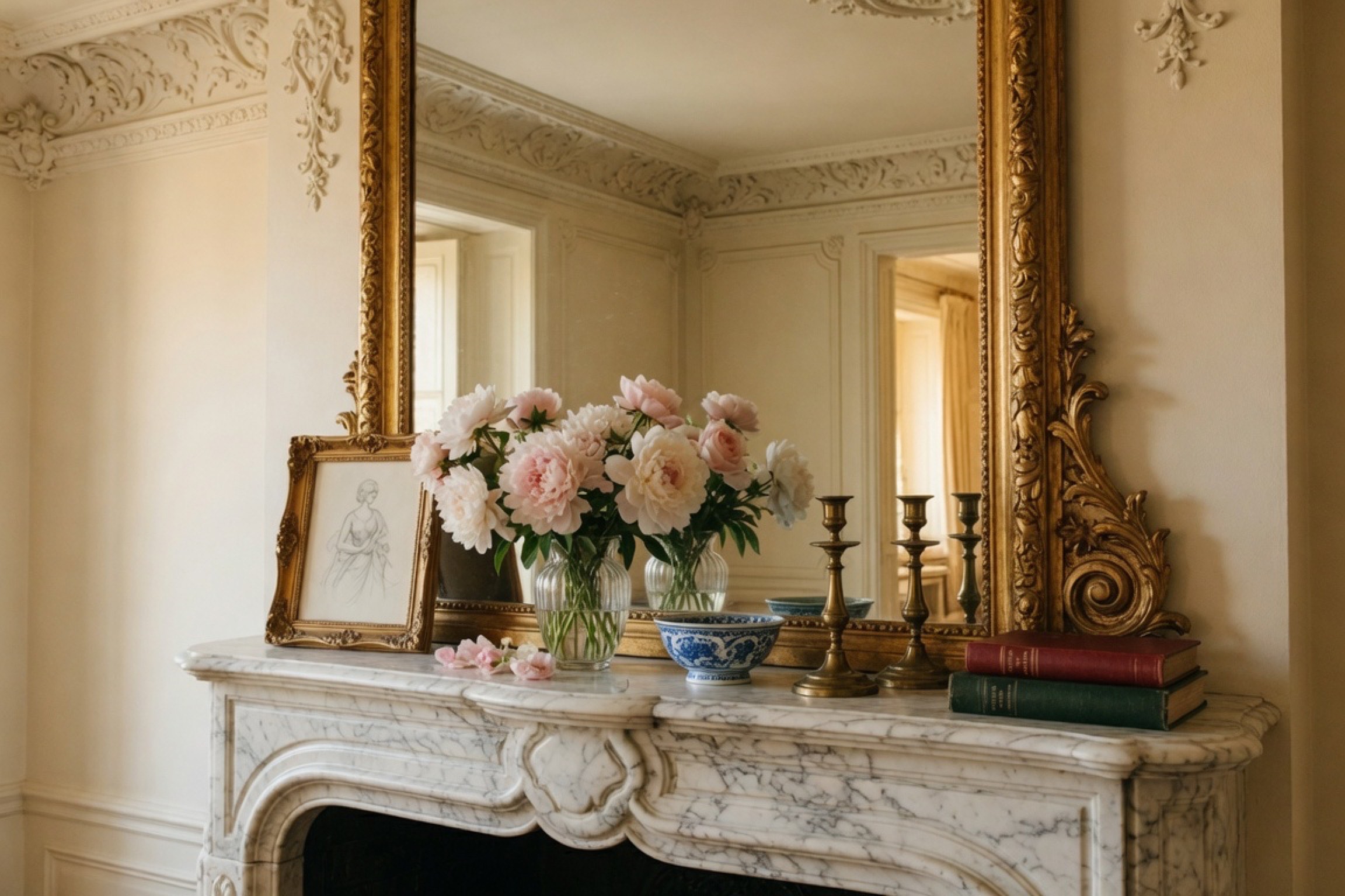 A marble mantel with peonies beneath a gilt overmantel mirror