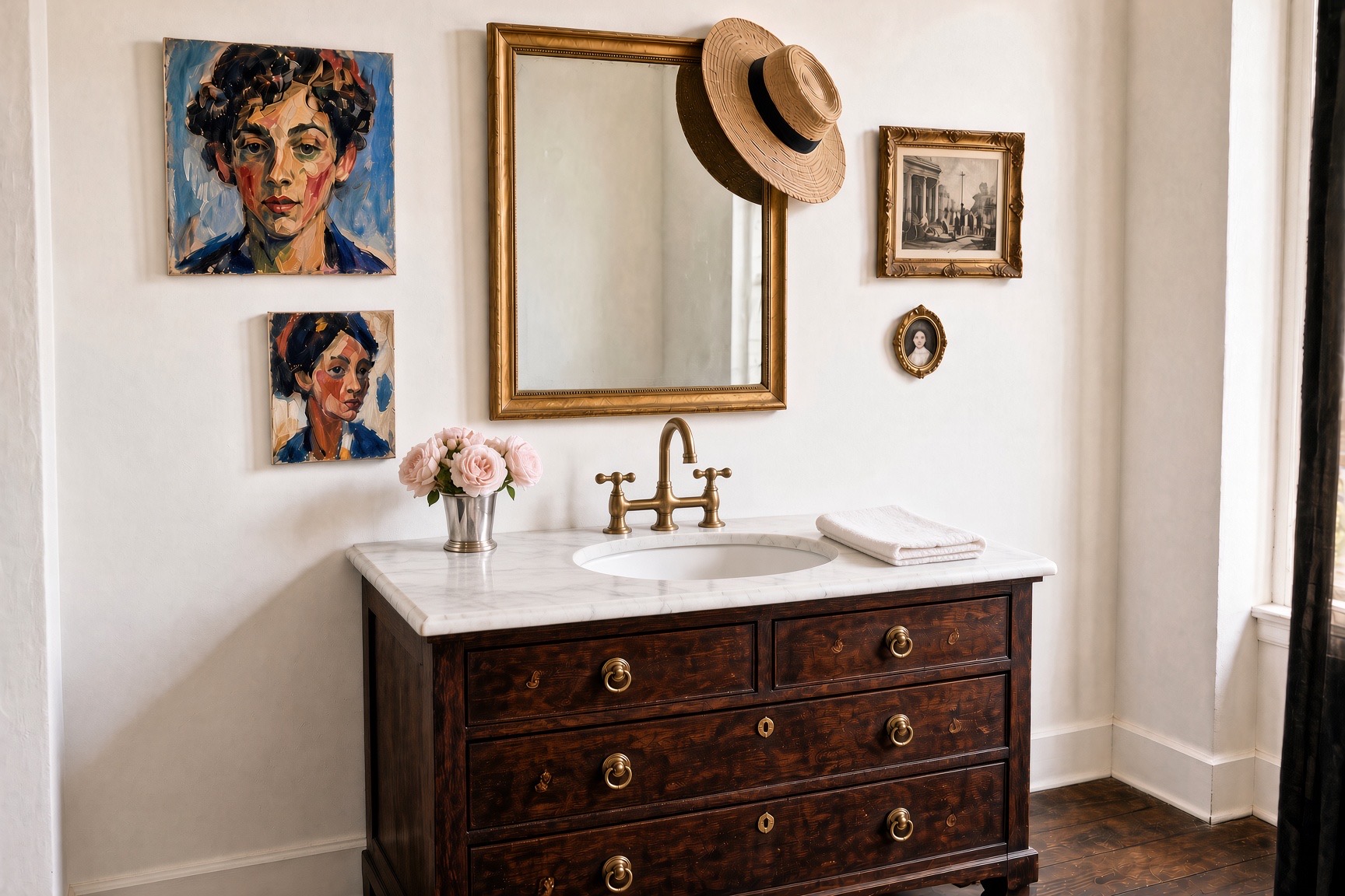 A powder room with an antique chest vanity, brass bridge faucet, and a salon wall of collected portraits beneath a gilt mirror